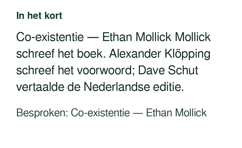 Co-existentie — Ethan Mollick Mollick schreef het boek. Alexander Klöpping schreef het voorwoord; Dave Schut vertaalde de Nederlandse editie. Besproken: Co-existentie — Ethan Mollick.