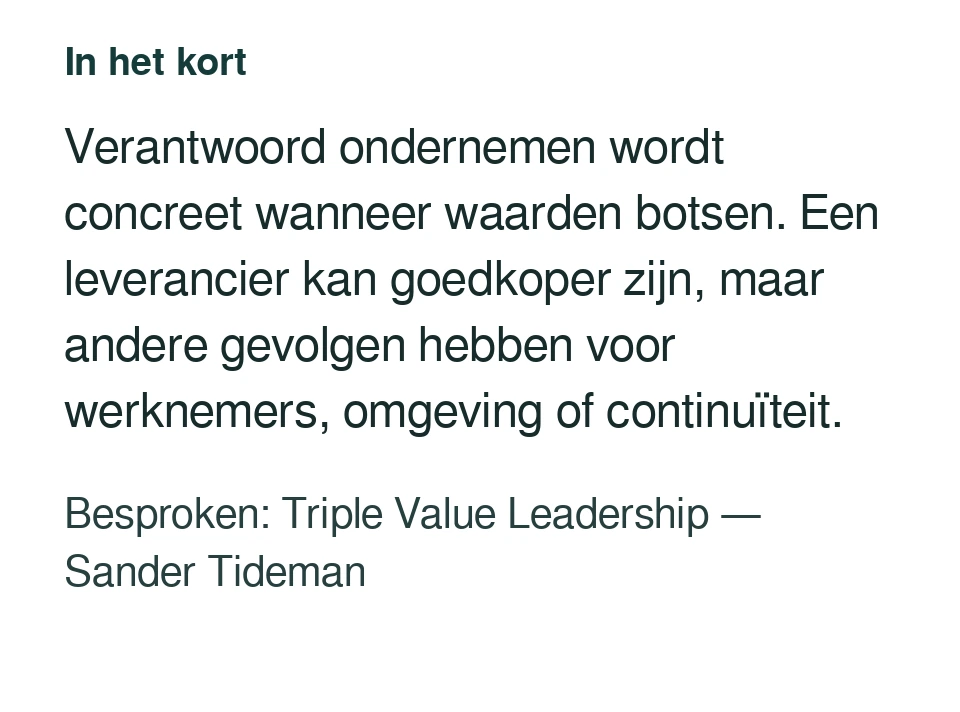Verantwoord ondernemen wordt concreet wanneer waarden botsen. Een leverancier kan goedkoper zijn, maar andere gevolgen hebben voor werknemers, omgeving of continuïteit. Besproken: Triple Value Leadership — Sander Tideman.